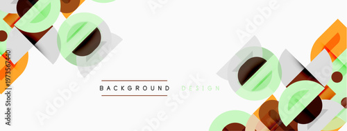 Abstract geometric shapes overlap, creating dynamic visual texture. Orange, green, brown hues dominate clean white space. Modern design element.