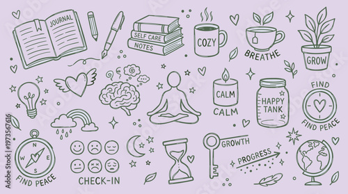 Doodle Collection Representing Mental Wellness Self Care Mindfulness And Personal Growth Journey With Symbols Of Peace Calm And Happiness
