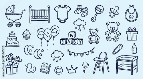 Charming Hand Drawn Baby Shower Icons and Symbols Collection Featuring Nursery Essentials and Cute Illustrations on a Light Blue Background