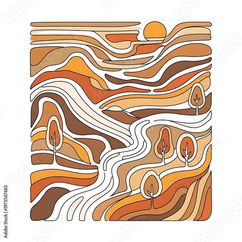 Abstract landscape with wavy lines trees.