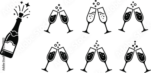 Celebration icons set sparkling wine champagne glasses festive cheers vector illustration for parties events