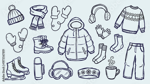 Collection of winter clothing and accessories for cold weather protection and outdoor activities like skiing and snowboarding
