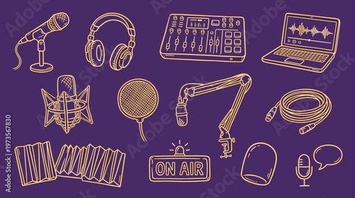 Collection of podcasting and broadcasting equipment icons on a purple background, including microphones, headphones, mixer, and laptop, perfect for audio production and online content creation.