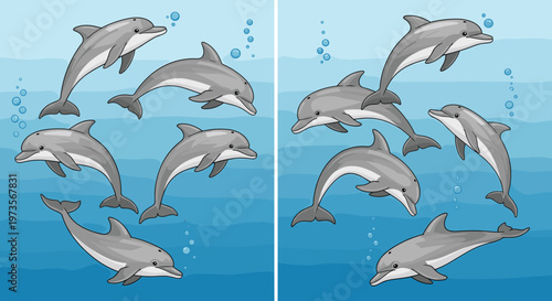 Canvas Print Group of Dolphins Swimming in the Ocean with Bubbles for Marine Life Illustratio