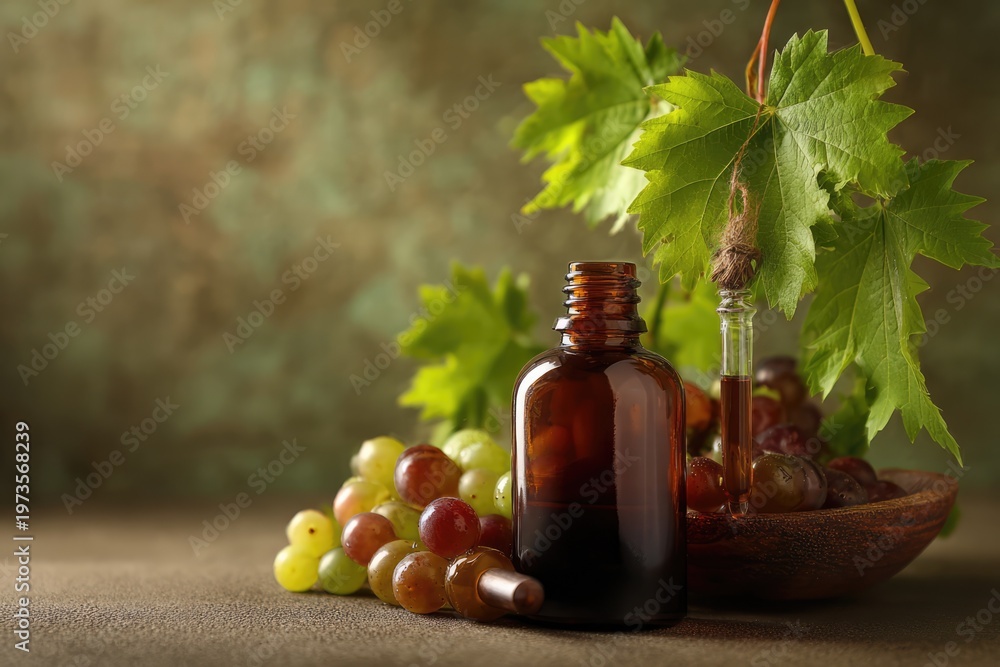 Fototapeta premium Natural Grape Seed Oil Extract in Amber Bottle with Fresh Grapes and Leaves.