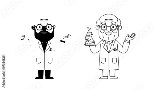 Happy elderly professor scientist cartoon character holding flask with flat and line art vector illustration isolated on white background
