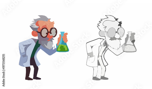 Funny old scientist professor cartoon examining chemical flask flat and outline vector character design isolated on white