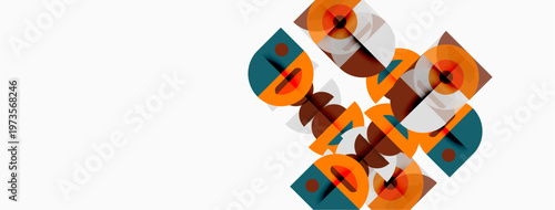 Abstract geometric design. Orange, teal shapes overlap creating complex pattern. Minimalist style, clean lines, modern aesthetic.