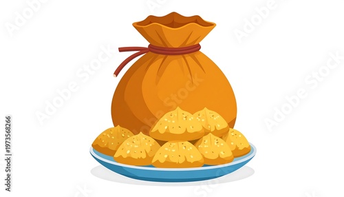 A cartoon-style illustration featuring a bulging orange bag tied with a brown string, and a plate filled with golden pastries