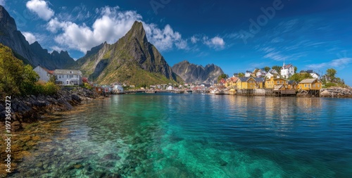 Picturesque Norwegian Fishing Village Nestled Amidst Majestic Mountains and Crystal Clear Waters.
