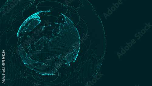 A digital model of the Earth created from glowing dots and lines. Energy orbits revolve around the planet, emphasizing global connections and the continuous exchange of information.