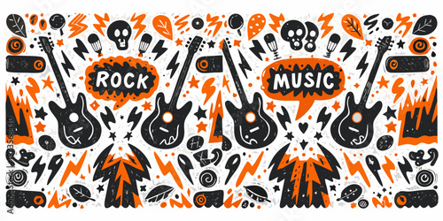 A vibrant hand drawn illustration celebrating rock music and electric guitars