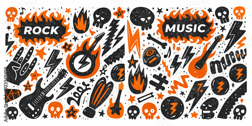 Bold rock and roll illustration featuring skulls flames and musical instruments