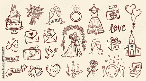 Collection of hand-drawn wedding icons and illustrations representing love celebration and marriage ceremony elements