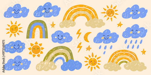 Charming hand drawn illustration of whimsical weather elements and sunshine