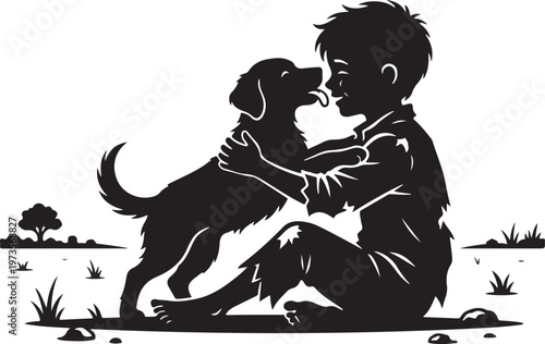 Emotional silhouette of a little boy hugging his pet dog while the dog licks his face, symbol of pure friendship and loyalty.
