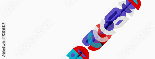 Abstract colorful design features overlapping geometric shapes. Bold hues create dynamic visual impact. Minimalist aesthetic, modern composition.