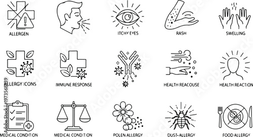 Allergy icons collection: allergic reaction, sneezing, itchy eyes, rash, swelling
