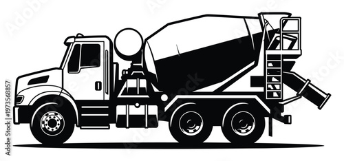 Concrete mixer truck side view, heavy construction vehicle black vector silhouette.