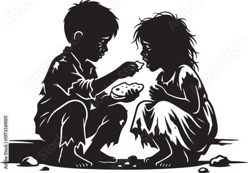 Silhouette of two poor hungry children sitting on street sharing a piece of bread, concept of poverty and kindness on white background.