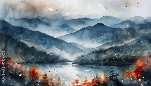 Vernmont Misty Mountain Lake: A Serene Autumnal Watercolor