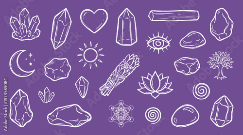 Mystical collection of hand drawn esoteric symbols and crystals on a purple background representing spirituality and wellness