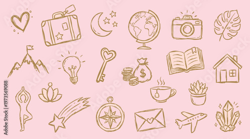 Whimsical hand drawn golden icons and symbols on a soft pink background representing travel dreams aspirations and lifestyle elements