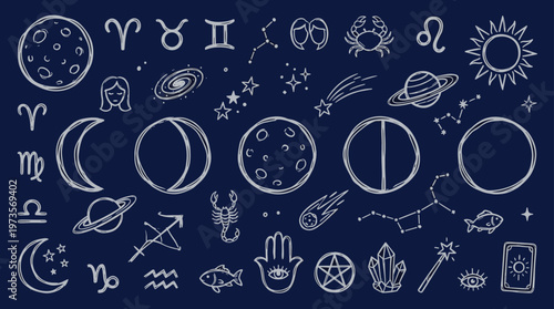 Celestial collection of zodiac signs constellations moon phases and mystical symbols on a dark blue background