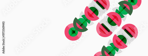Abstract design features repeating plus signs, circles. Pink, green hues dominate white background. Minimalist aesthetic.