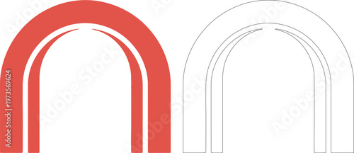 A red and a black outlined archway on a white background