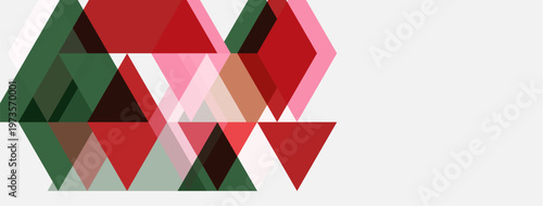 Abstract geometric shapes overlap, creating dynamic composition. Red, green, pink hues dominate white background. Modern design element.