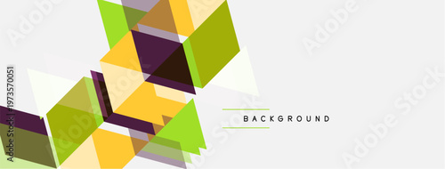 Abstract geometric shapes overlap, creating vibrant layered design. Light background enhances colorful elements. Modern aesthetic.