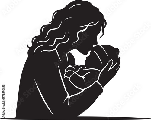 Tender silhouette of a mother kissing her baby’s forehead while holding the child in arms, concept of motherhood and secure love.