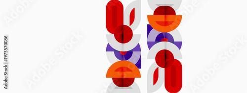 Abstract geometric shapes overlap, creating vibrant pattern. Red, purple, orange hues dominate white background. Modern design.