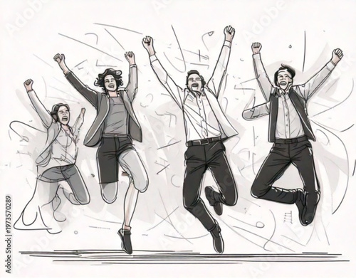 Four people jumping in the air with excitement and joy.
