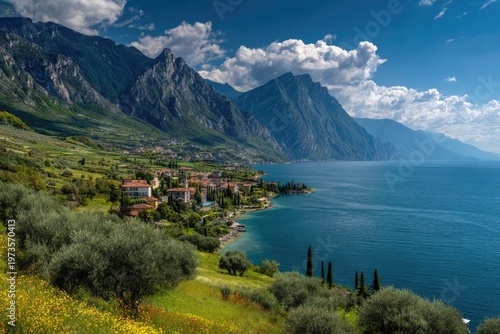 Picturesque Italian Village Nestled Between Majestic Mountains and Azure Lake.