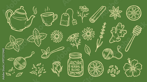Chalkboard style illustration of herbal tea ingredients and accessories for a relaxing beverage experience