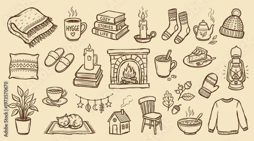 Cozy hygge illustration of winter comfort elements like fireplace, blanket, books, tea, and knitted items for a warm and inviting atmosphere