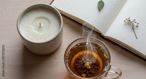 Serene Still Life: Blooming Tea, Candle, and Open Book with Dried Flowers