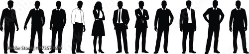 Business silhouettes, corporate figures, professional attire, teamwork concept, office culture, organizational diversity, monochrome illustration, group standing, workplace design, leadership posture