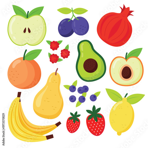 A colorful illustration of various fruits