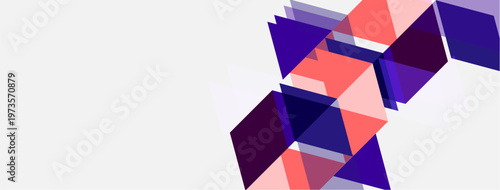 Abstract geometric shapes overlap, creating dynamic composition. Purple, pink hues dominate white background. Modern design element.