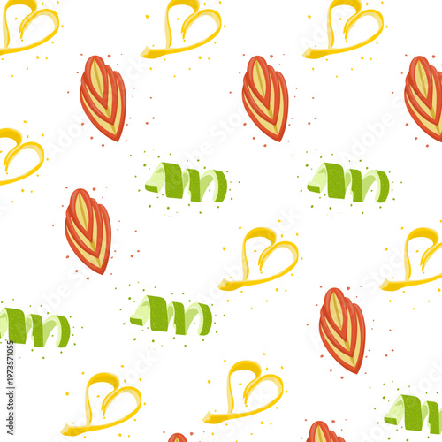 a pattern with Apple sliced , line peel, and orange peel hearts on white background. Art of cocktail garnish