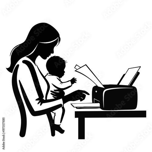 Working mother with a baby using a printer. Work-life balance and multitasking concept. Silhouette vector illustration