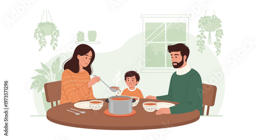 Family enjoying a warm meal together at a dining table, healthy food, home comfort