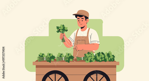 Farmer selling fresh organic vegetables from a cart at a market stall