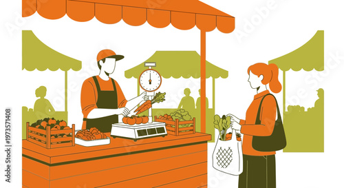 Farmer selling fresh produce at market stall to customer with reusable bag