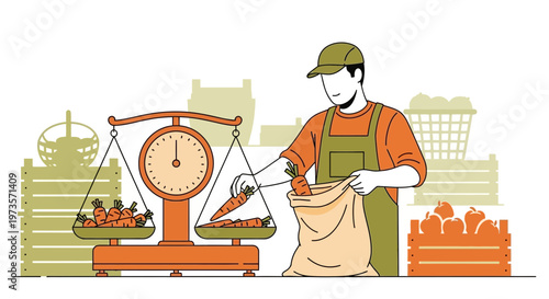 Farmer Weighing Carrots at Market Stall with Produce and Crate Background
