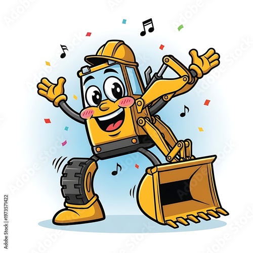 Happy cartoon excavator dancing joyful.