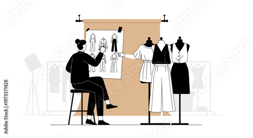Fashion designer sketching outfits and working with mannequins in a studio
